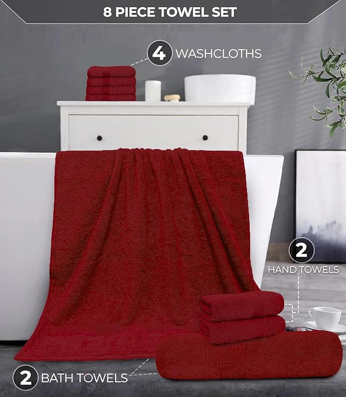 Softolle Luxury 8 Piece Towel Set, 2 Bath Towels 2 Hand Towels 4 Washcloths, Towels for Bathroom, Home, Spa & Gym - Highly Absorbent (Burgundy)