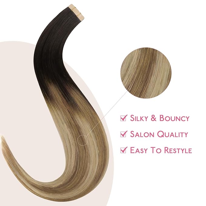 WENNALIFE Tape in Hair Extensions Human Hair Dark Brown to Chestnut Brown and Dirty Blonde Highlighted Tape in Extensions, 10pcs 25g 16 inch Remy Invisible Tape Ins Straight