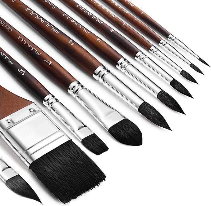 Watercolor Brushes Professional, Fuumuui 10Pcs Synthetic Squirrel Hair Watercolor Paint Brush Set for Artists with Wide Flat, Round, Detail, Dagger, Cat's Tongue for Watercolor Gouache Inks Painting