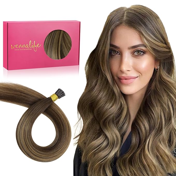 WENNALIFE I Tip Hair Extensions Human Hair, 50g 50s 20 Inch Balayage Chocolate Brown to Caramel Blonde Remy Itip Human Hair Extensions Invisible Itips Straight I Tips Fusion Extensions Real Human Hair