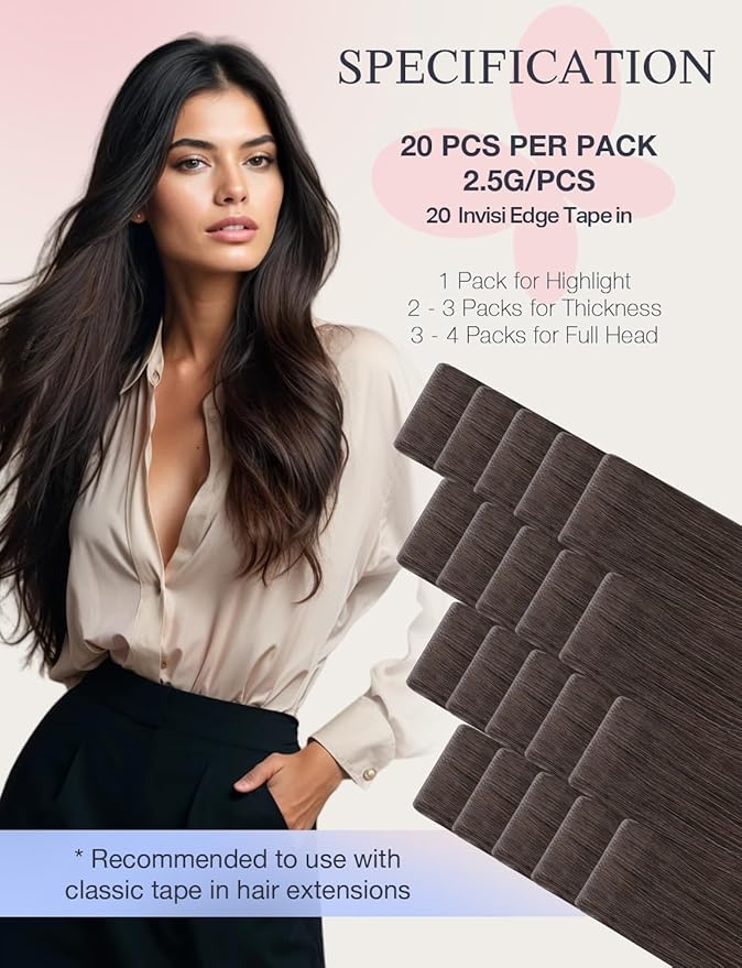 DOORES Invisi Edge Seamless Tape in Hair Extensions Human Hair, Light Dark Brown 10 Injection Tape-ins with 10 Injection Tape-ins 50g 16 Inch, Injected Tape in Extensions Thick Ends