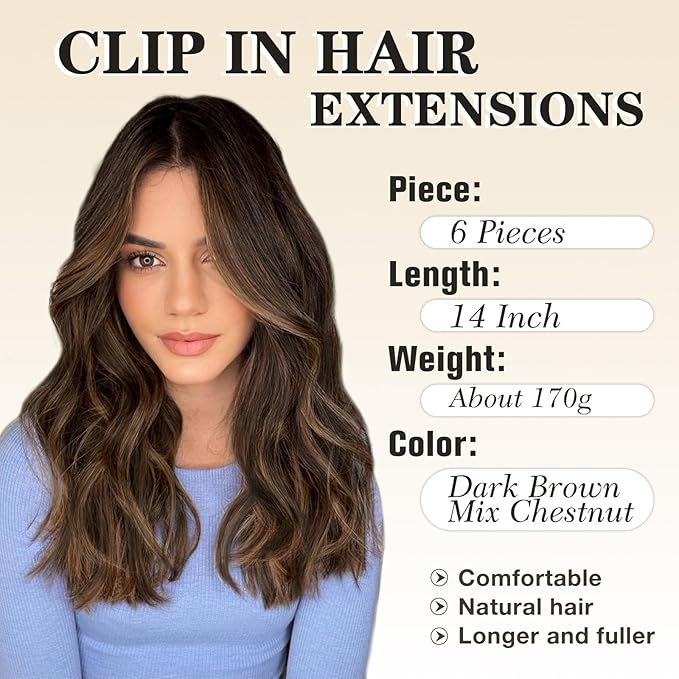 NAYOO Clip in Hair Extensions for Women 14 Inch Short Wavy Curly Dark Brown Mix Chestnut Hairpieces Full Head Synthetic Hair Hairpieces (6PCS, Dark Brown Mix Chestnut)