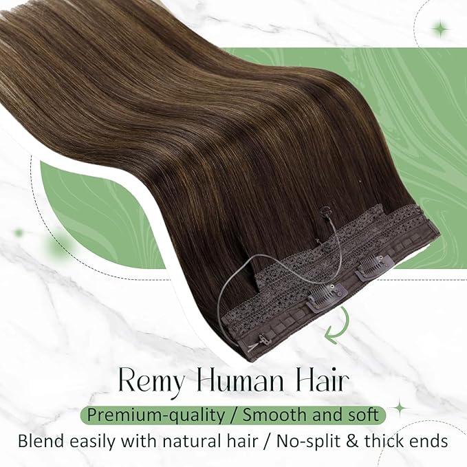 RUNATURE Wire Hair Extensions, Real Human Hair Extensions with Fish Line, Balayage Brown Roots Clip in One Piece Hair Extensions for Women, Straight Silky Natural Hair, 18 Inch 80g #2/2/6