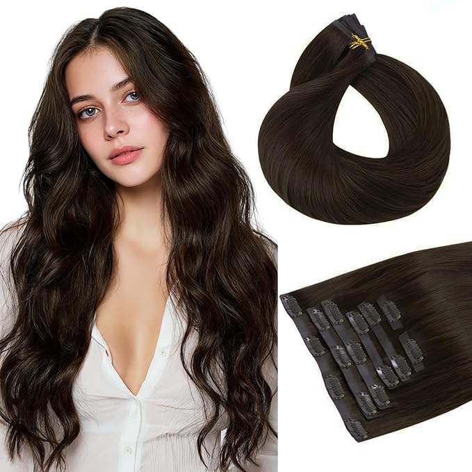 HOTBANANA Seamless Clip in Hair Extensions 18 inch 130g 7pcs Ombre Light Dark Brown Clip in Remy Human Hair Extensions Straight Hair Invisible PU Skin Weft