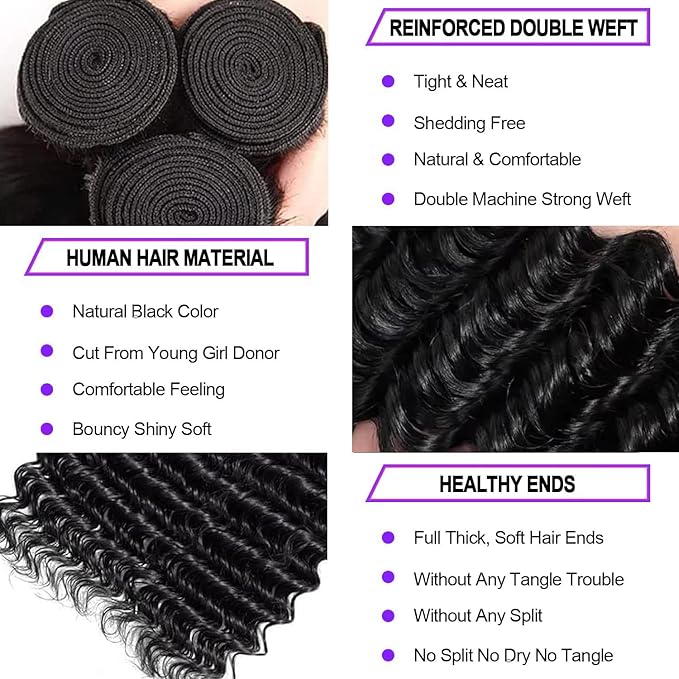 12A Human Hair Bundles 24 26 28 Inch Deep Wave Bundles Human Hair 100% Unprocessed Brazilian Virgin Curly Weave 3 Bundle Water Wavy Hair Extensions for Women Natural Color Deep Wave Bundles