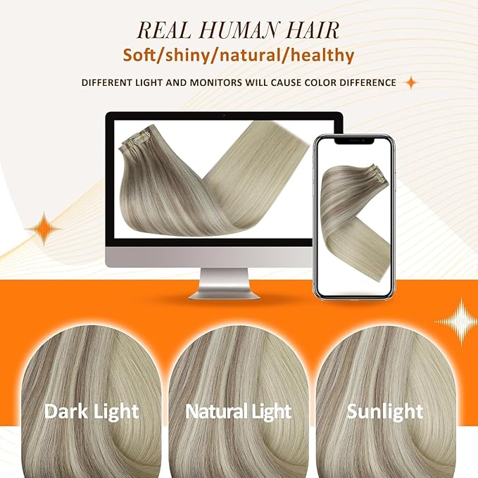 Full Shine Human Hair Clip in Extensions Real Hair Ash Blonde Ombre Light Blonde Mix Platinum Blonde 14 Inch Seamless Clip in Hair Extensions Full Head 8PCS 120 G