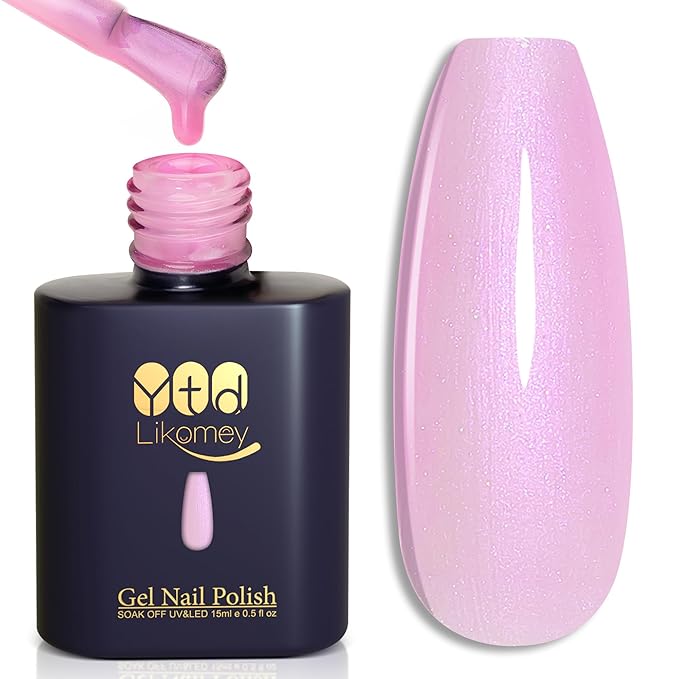 YTD Likomey Gel Nail Polish,15ml Pearlescent Light Pink Glitter Nails Gel,Fall Winter Pastel Pink Shimmer Shiny Sparkly Salon Home DIY Manicure UV Color Varnish,SF408