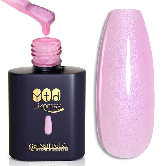 YTD Likomey Gel Nail Polish,15ml Pearlescent Light Pink Glitter Nails Gel,Fall Winter Pastel Pink Shimmer Shiny Sparkly Salon Home DIY Manicure UV Color Varnish,SF408