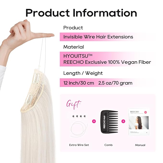 REECHO Invisible Wire Hair Extensions with Thinner Softer Lace Weft 12" Short Straight Clips in Secret Hairpiece for Women 12 Inch (Pack of 1) - Platinum Blonde