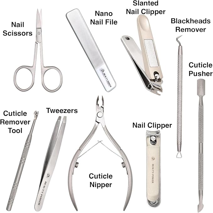 9 in 1 Professional Manicure Pedicure Set - Stainless Steel Nail Clippers, Nano File, Cuticle Nipper, Scissors, Tweezers, Travel PU Leather Case for Men & Women - Gift Ready New (Pink)