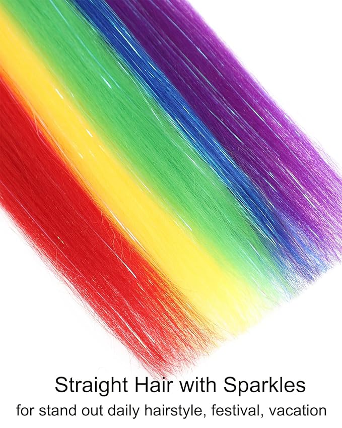 Colored Hair Extensions Rainbow Ponytail Extension 2 Packs, 20 inch Crazy Hair Day Accessories for Women, DIY Festival Wacky Rave Braids,Tinsel Mixed