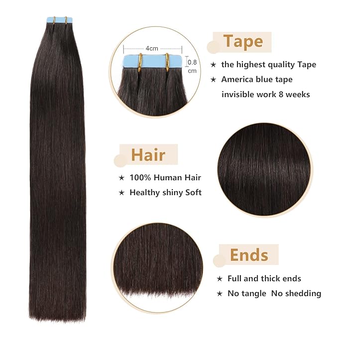 YILITE Tape In Hair Extensions Human Hair 16 Inch 20pcs Invisible Tape In Human Hair Extensions Off Black 40g Silky Straight Human Hair Seamless Remy Hair Tape Ins