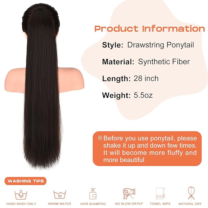 SEIKEA 28" Ponytail Extensions Drawstring Long Straight Fake Pony Tail Natural Soft Clip in Hair Extension Synthetic Heat Resistant Hairpiece - Black Brown