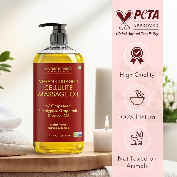 Majestic Pure Firming Body Massage Oil with Collagen – Helps Smooth The Appearance of Cellulite & Improve Skin Texture – Refreshing Aromatherapy Body Oil for Legs & Full Body – 8 Fl Oz
