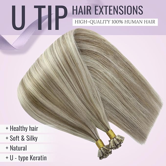 Fshine Keratin Bonded Hair Extensions Human Hair 22 Inch Light Brown With Platinum Blonde Highlighted U Tip Human Hair Extensions Straight Remy Fusions Bonding Hair Extension 50g/50s
