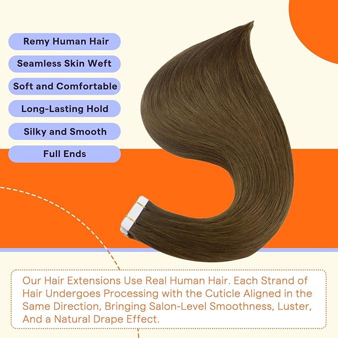 Full Shine Human Hair Extensions Tape in Color 4 Medium Brown Remy Double Sided Human Hair Tape in Extensions 12 Inch Invisible Natural Seamless Skin Weft Extensions 30G 20 PCS for Party