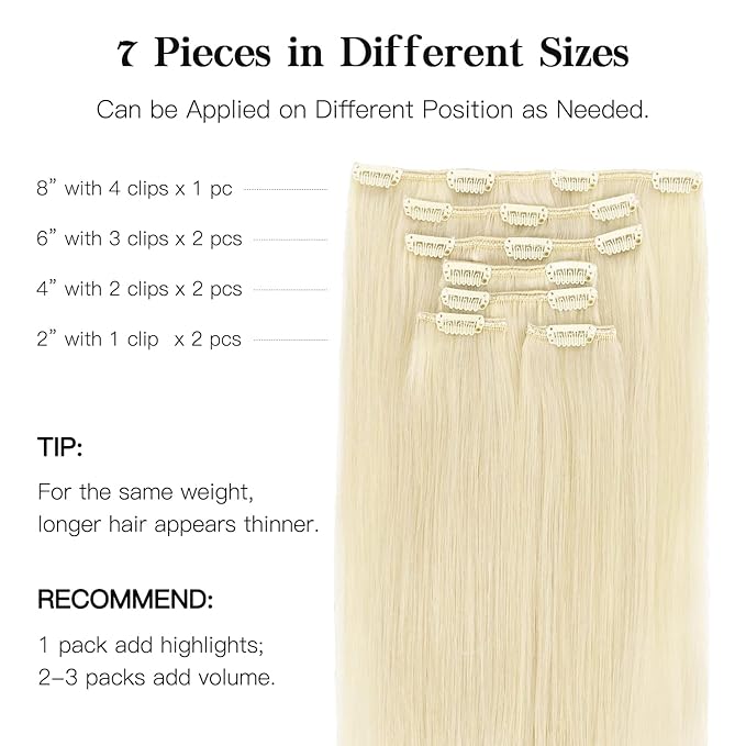 HOTBANANA Human Hair Clip in Hair Extensions, Platinum Blonde 120g Clip in Hair Extensions Real Human Hair Straight Remy Hair Clip Ins 14 Inch 7pcs