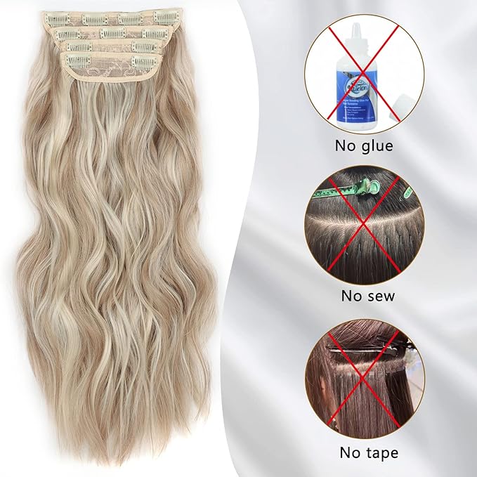 4PCS Clip in Hair Extensions for Women 20inch Dark Ash Blonde Mixed Bleach Blonde Synthetic Clip in Long Wavy Hair Extension Double Weft Hairpieces Full Head For Women (20INCH, P18/60T)
