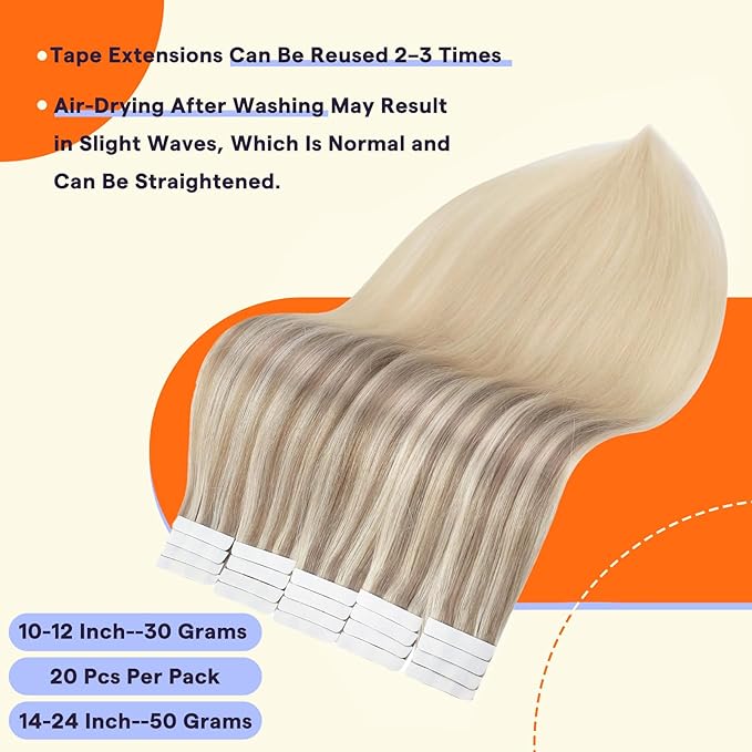 Full Shine Human Hair Tape in Extensions 14 Inch Balayage Nordic Blonde Hair Extensions Color 18 Ash Blonde Fading to 22 and 60 Highlighted Seamless Tape in Hair Extensions 50 Gram Remy Hair 20pcs