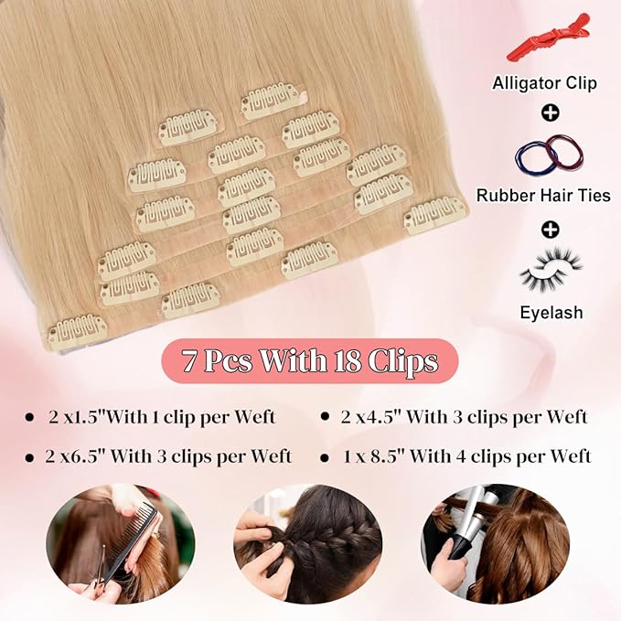 Seamless Clip in Hair Extensions Real Human Hair For Women 125g 20 Inch Light Ash Blonde and Platinum Blonde Balayage Invisible PU Skin Weft Remy Human Hair Extensions clip ins 7Pcs 18 Clips