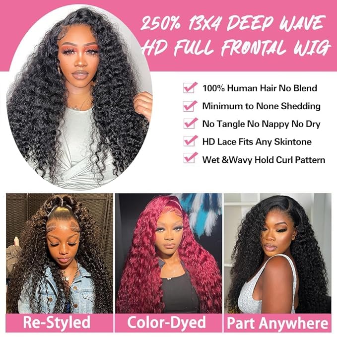 250 Density 36 Inch Deep Wave Lace Front Wigs Human Hair Curly Wig Wet and Wavy Lace Front Wigs Pre Plucked Frontal Wigs 100% Real Human Hair No Synthetic No Tangle No Shedding Triple Lifespan 3X