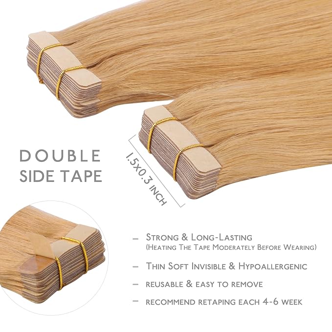 WENNALIFE Tape in Hair Extensions Human Hair, 20pcs 50g 20 inch Strawberry Blonde Remy Hair Extensions Straight Human Hair Tape in Extensions Skin Weft Tape Extensions Human Hair