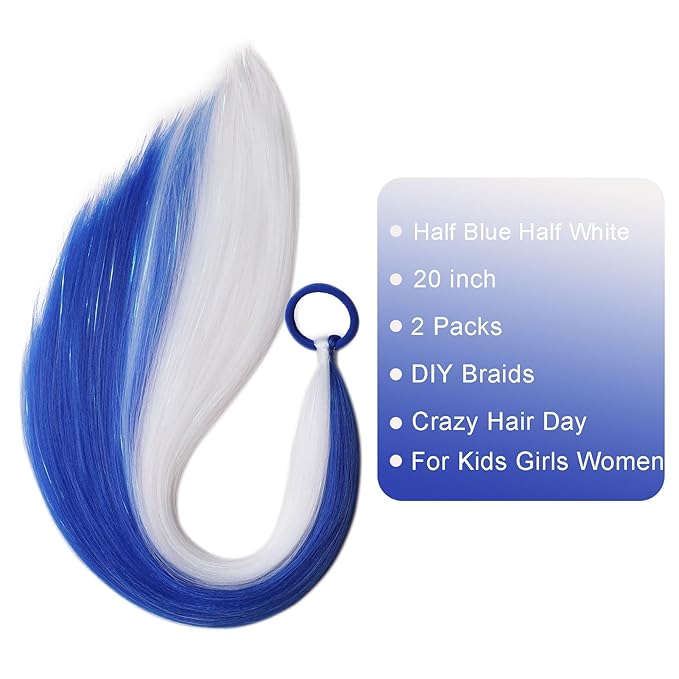 White and Blue Hair Extensions for Braids Ponytail Extension 2 Packs, 20 inch Crazy Hair Day Accessories for Women, DIY Festival Wacky Rave Braids for Women,Tinsel Mixed