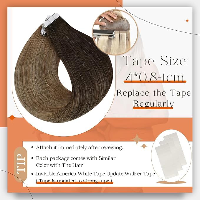Full Shine Tape in Hair Extensions Human Hair Dark Brown to Chestnut Brown Highlighted Ash Blonde 12 Inch Human Hair Extensions Double Sided Tape in Hair Natural Remy Hair Straight Hair 30 Gram 20pcs