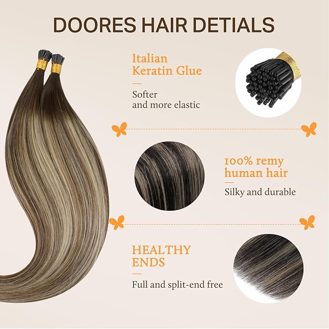 DOORES I Tip Hair Extensions Human Hair,14 Inch 100g 200s Itip Human Hair Extensions,Chocolate Brown to Honey Blonde I Tip Hair Extensions,Virgin Human Hair Extensions
