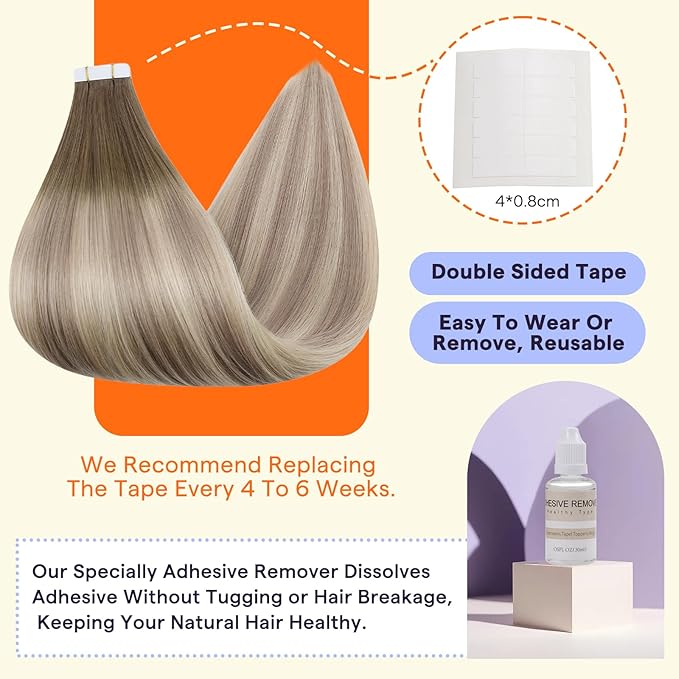 Full Shine Tape in Hair Extensions 16 Inch Remy Hair Extensions Color 8/60/18 Balayage Brown and Blonde Natural Extensions 20PCS Invisible Seamless Tape in Extensions Human Hair 50g Add Volume