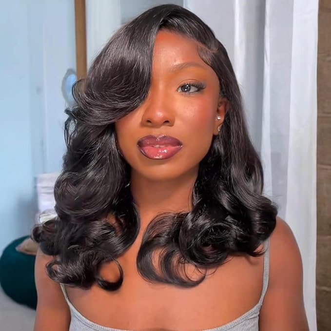 Bob Wig Human Hair 12 Inch 13x4 Lace Front Wigs Human Hair Pre Plucked 200% Density Short Body Wave Bob Wig Natural Color Glueless Bob Wigs for Black Women 12 Inch