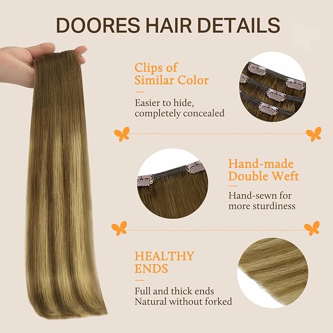 DOORES Real Human Hair Extensions - Medium Brown Highlighted Dirty Blonde, 18 Inch, 150g, 9pcs, Remy Clip in Natural Hair
