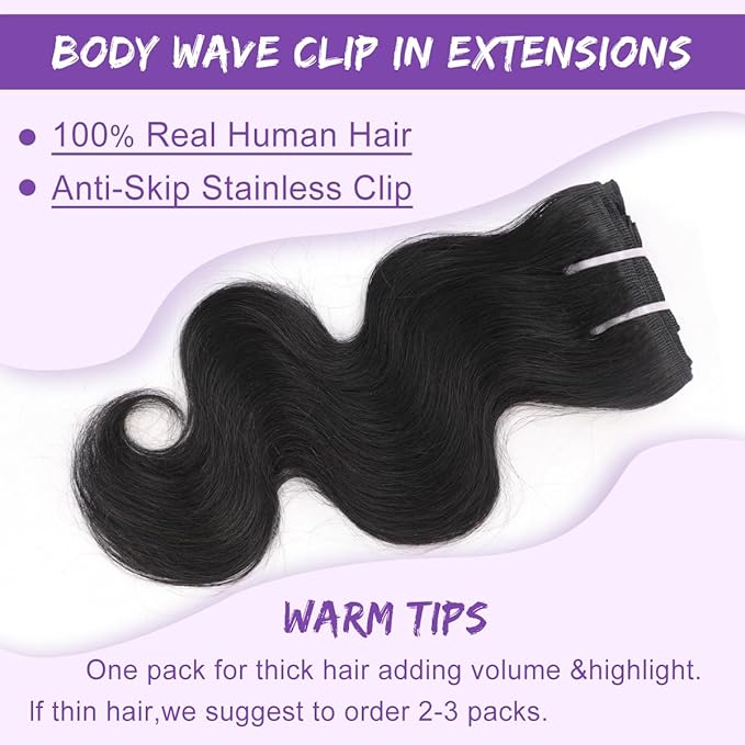 Body Wave Brazilian Clip in Hair Extensions Human Hair 8Pcs Remy Hair Extensions Clip ins for Black Women with 20 Clips 110g (22 Inch, Natural Black)