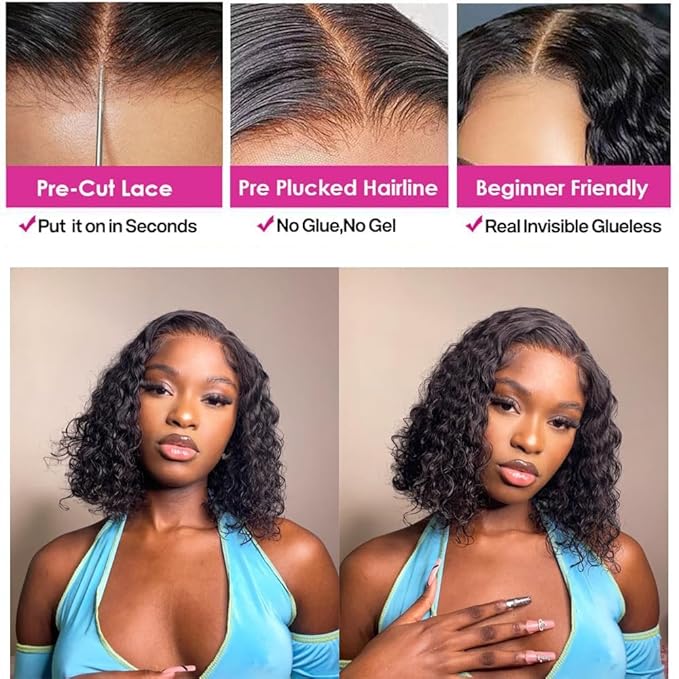 Glueless Wigs Human Hair Pre Plucked Pre Cut Deep Wave Bob Wig Human Hair 4x4 HD Lace Closure Wigs for Beginners 180% Density Natural Color 10 inch