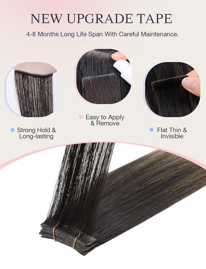 DOORES Invisi Edge Human Hair Tape in Extensions, Dark Brown to Dirty Blonde 10 Injection Tape-ins with 10 Classic Tape-ins 50g 14 Inch, Virgin Hair Injection Tape in Extensions