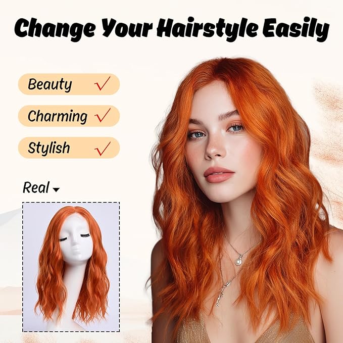 Medium Length Orange Wavy Wigs for Women 18 Inch Middle Part Wavy Orange Wig Natural Looking Synthetic Heat Resistant Fiber Wig for Daily Party Use (18 inch)