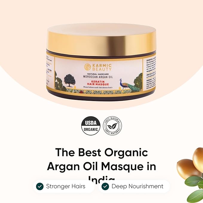 100% Organic Moroccan Argan Oil & Natural Keratin Masque | For Dry, Damaged & Color Treated Hair | Cold Pressed Oils for Deep Nourishment | Sulfates, Parabens & Cruelty Free | 3.4 oz