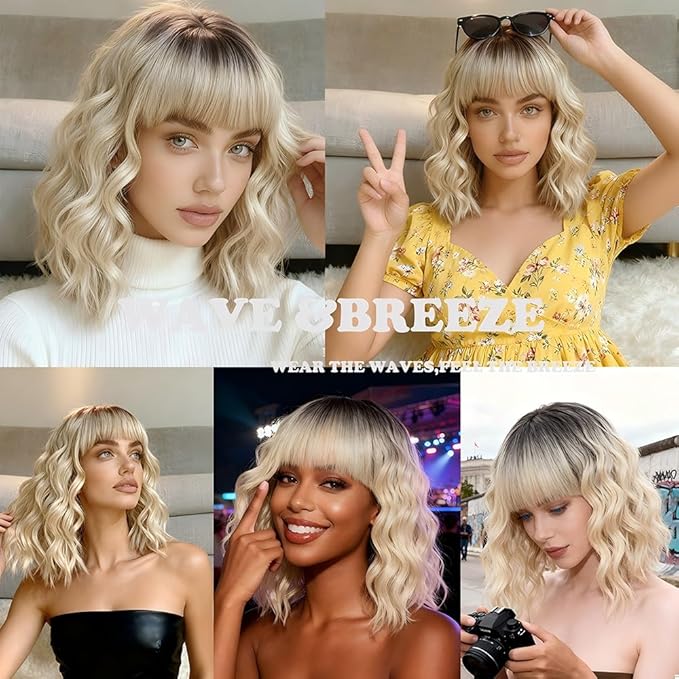 WAVE&BREEZE Blonde Wig with Bangs Short Wavy Bob Wigs for Women Natural Looking Ombre Blonde Hair Replacement Wigs Shoulder Length Daily Party Cosplay Costume Halloween Hair