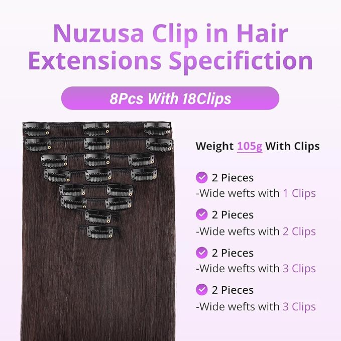 Clip in Hair Extensions Real Human Hair,100% Seamless Invisible Remy Human Hair Silky Straight,Clip Extensions for Women, 8pcs Per Set with Double Weft,2 Dark Brown,20inch 105g/3.7oz