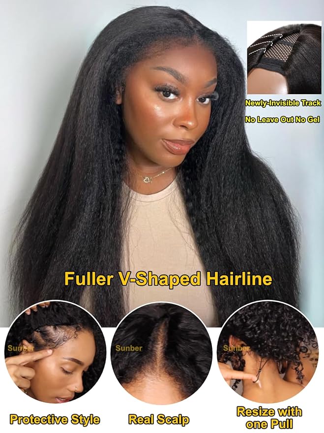 Sunber EasiContour Kinky Straight V Part Human Hair Glueless Wigs with Drawstring No Leave Out No Gel 180% Density Vpart light Kinky straight Clip In Half Wigs No Leave Out Real Scalp V Shape 24Inch
