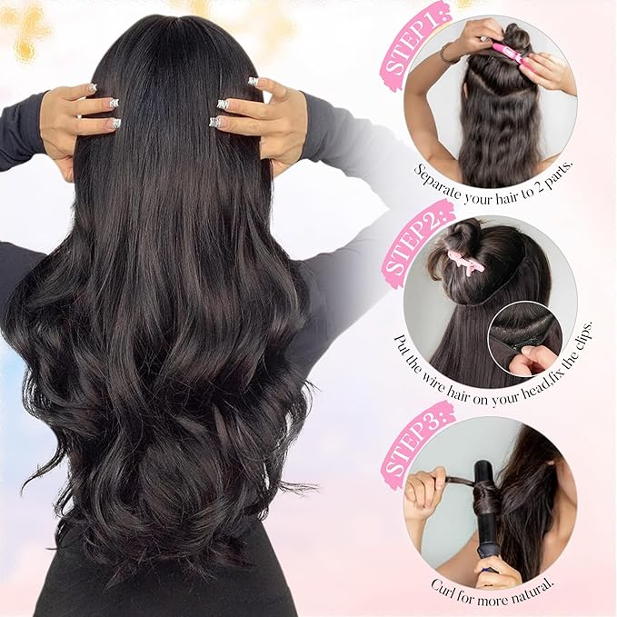 Invisible Wire Hair Extensions with Transparent Wire Adjustable Size 4 Secure Clips Long Wavy Secret Hairpiece 16 Inch for Women(Dark Brown)