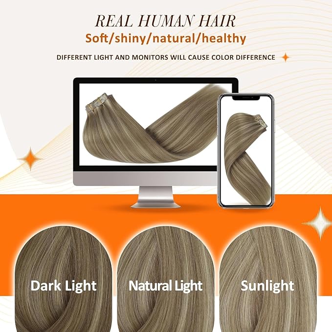 Full Shine Blonde Clip in Hair Extensions Dirty Blonde with Highlights Hair Extensions 16 Inch Real Hair Extensions Clip in Golden Blonde Ease of Use 8 PCS 120 G
