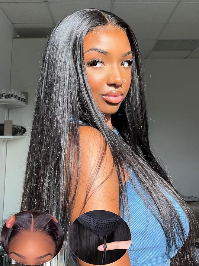 ORIGINAL QUEEN Straight Wear Go Glueless Wigs Human Hair Upgrade 9x6 T-Part Pre Cut Lace Straight Wig Pre-Plucked Flip Over Beginner Friendly Wear Go Drawstring Wig 180% Density 28 Inch