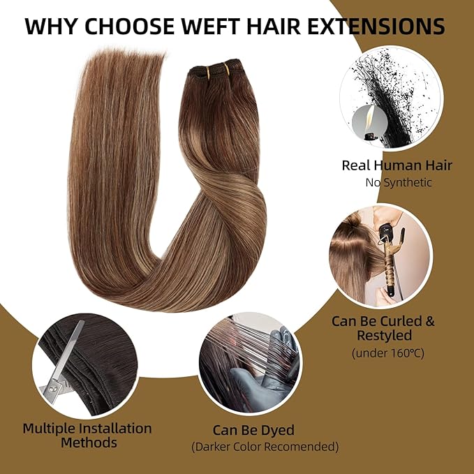 Sew in Hair Extensions Real Human Hair, 110g 22 inch Ombre Color 4/27/4 Balayage Chocolate Brown to Caramel Blonde Double Weft Weave Bundles Remy Human Hair Extensions Straight