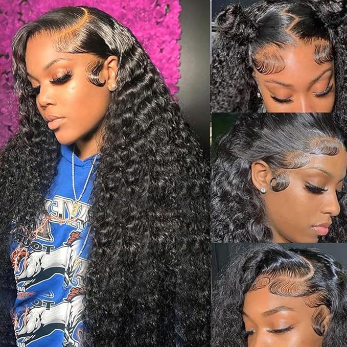 13x6 Deep Wave Lace Front Wigs Human Hair 180 Density Pre Plucked HD Transparent Deep Curly Lace Frontal Human Hair Wig 22 Inch Natural Black Glueless Wigs with Baby Hair for Women
