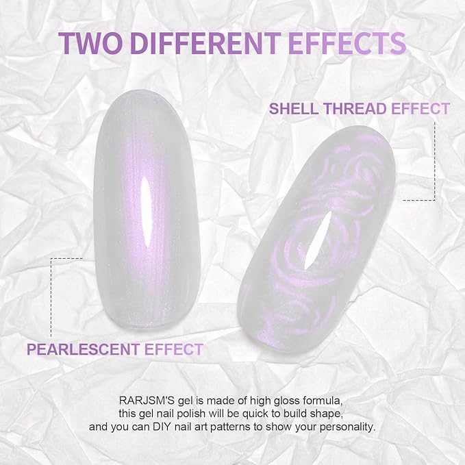 RARJSM Pearl Gel Nail Polish,15ML Clear Pearlescent Gel Polish,Purple Glitter Gel Polish Shimmer Iridescent Mermaid Nail Gel Polish Soak Off LED UV Drawing Swirl Thread Effect for DIY Manicure Use