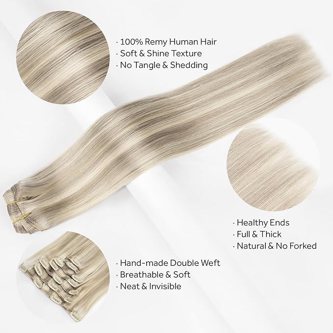 Clip in Hair Extensions Real Human Hair, Remy Hair Extensions Clip In Human Hair Thick and Silky, Ash Blonde Highlighted Platinum Blonde #P17A/60A 22Inch 120G 7PCS