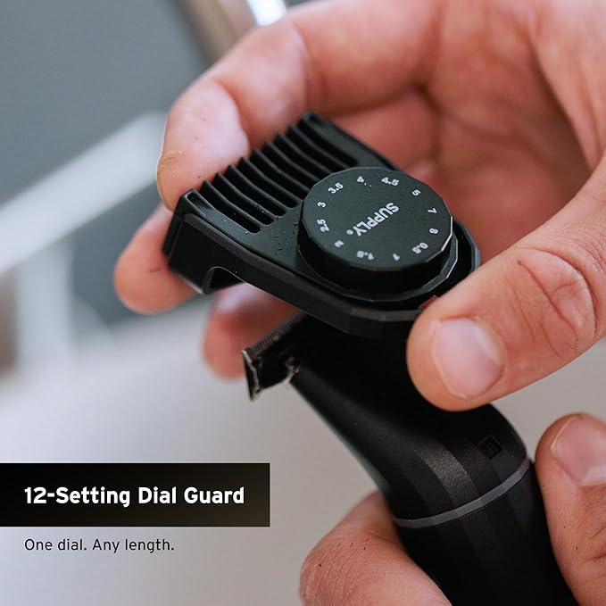 Supply Electric Beard & Body Trimmer – Waterproof, Cordless Precision Groomer with Adjustable Length Dial & Long-Lasting Battery – Includes 1 Blade Set, Charging Dock, USB-C Cable & Travel Cap