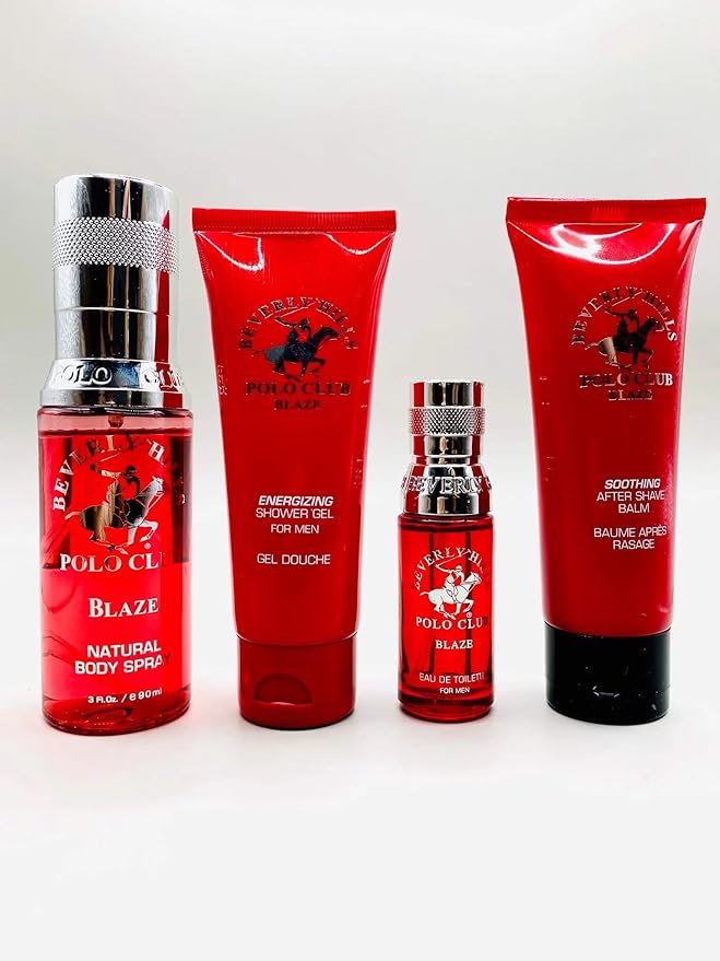 Beverly Hills Polo Club Blaze 4 Piece Gift Set Collection for Men - Luxury Cologne Set with Body Spray, Shower Gel, Eau De Toilette, and After Shave - Premium Fragrance Collection