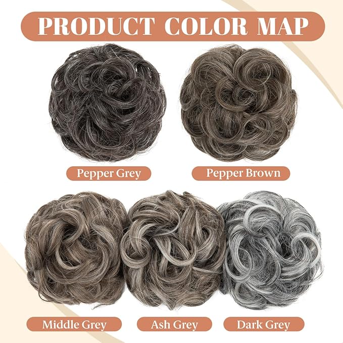 CJL HAIR 2PCS Messy Bun Hair Pieces Wavy Curly Synthetic Updo Chignon Fake Scrunchies Ponytail Extension for Women Middle Grey
